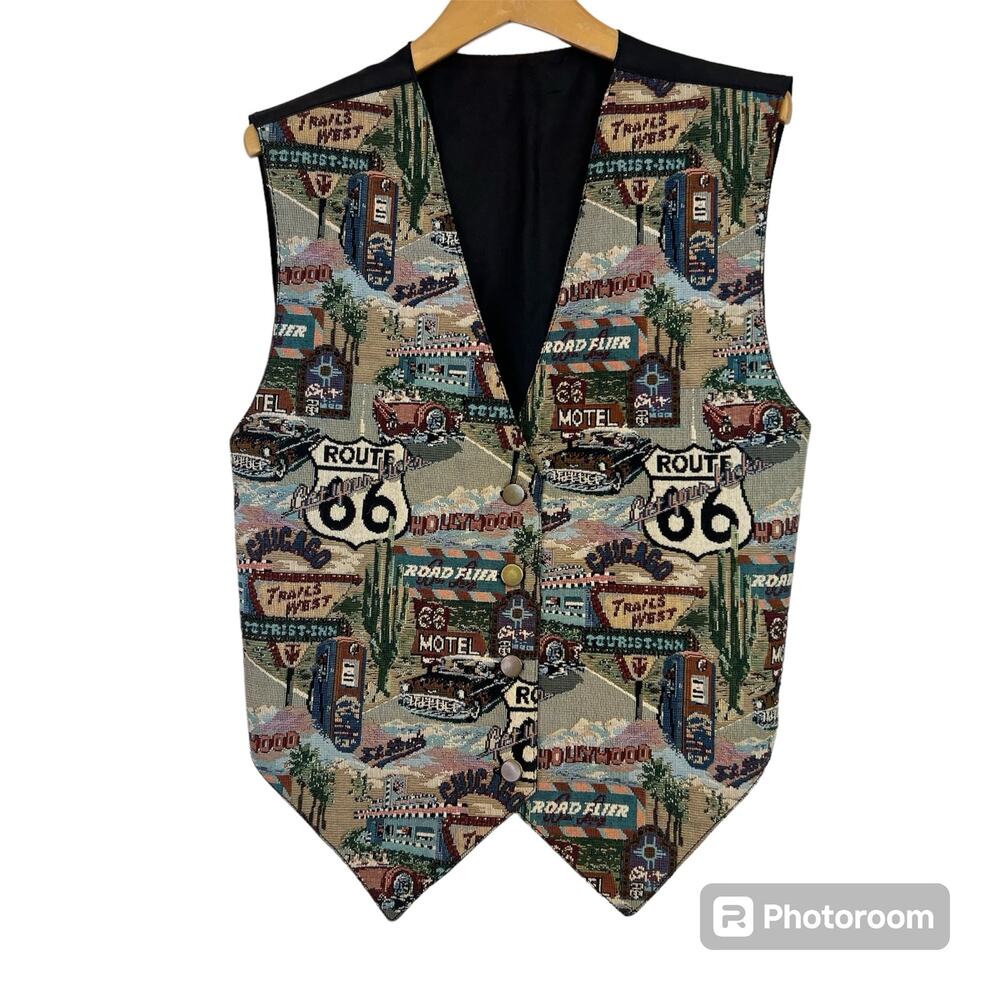 Vintage Tapestry Vest 90s Size Large RT 66 Hollywood Travel Vacation Roadtrip